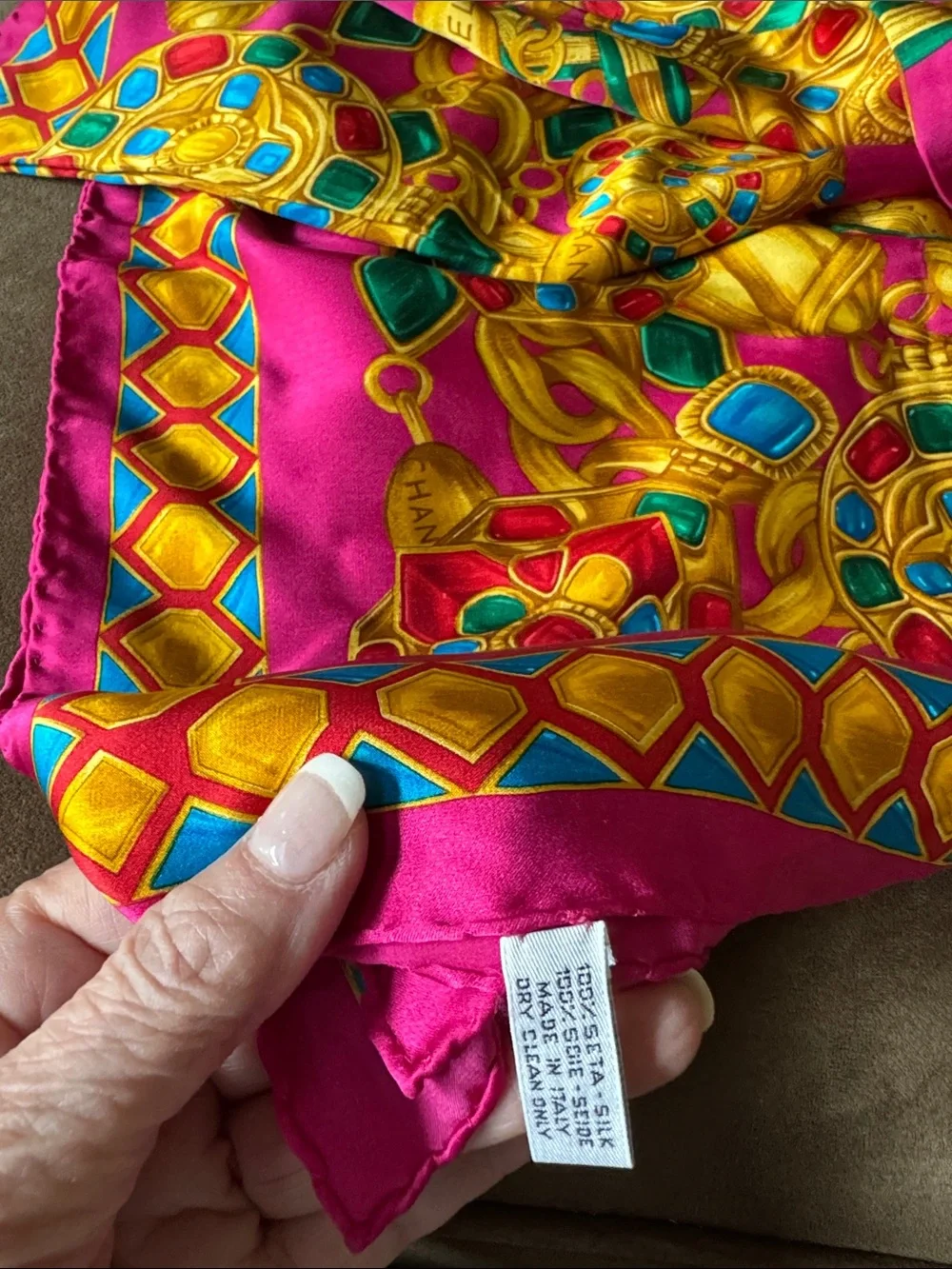 Chanel Large Fuchsia Silk Scarf with Gold and Teal Chain Motif
